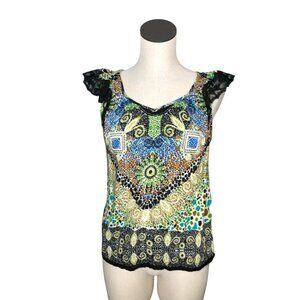 2/$30 Forbidden Blouse Pullover Shirt Multi Color Boho Womens Small Cap Sleeves